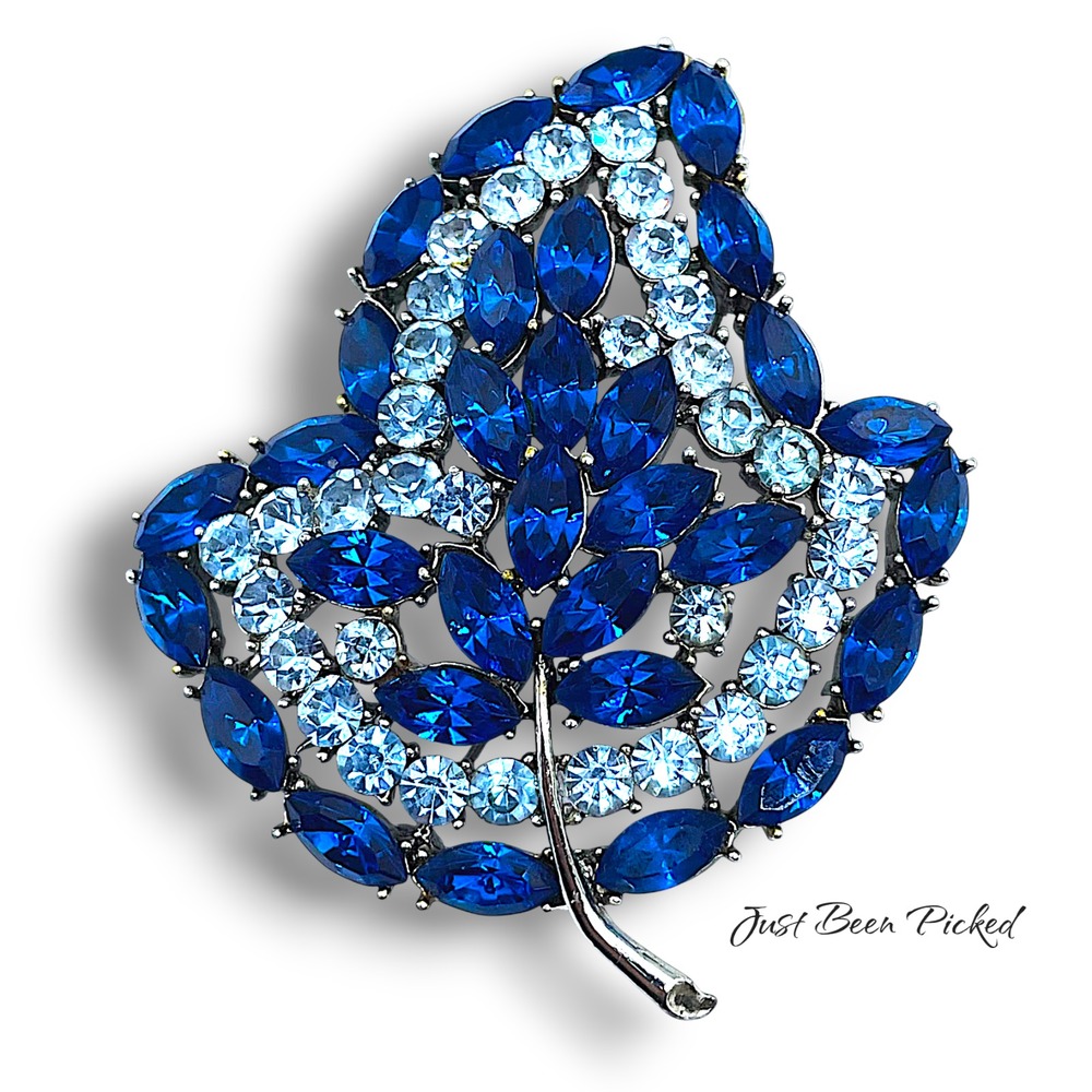 2.75" Weiss‎ Blue Rhinestone Leaf Brooch